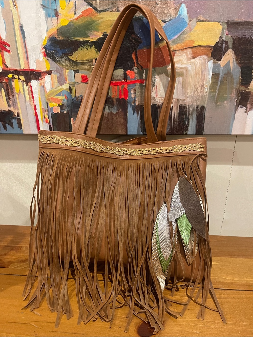 Fringed Brown Tote with Feather Accents